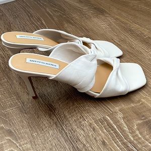 Saks Fifth Avenue white leather heeled sandals